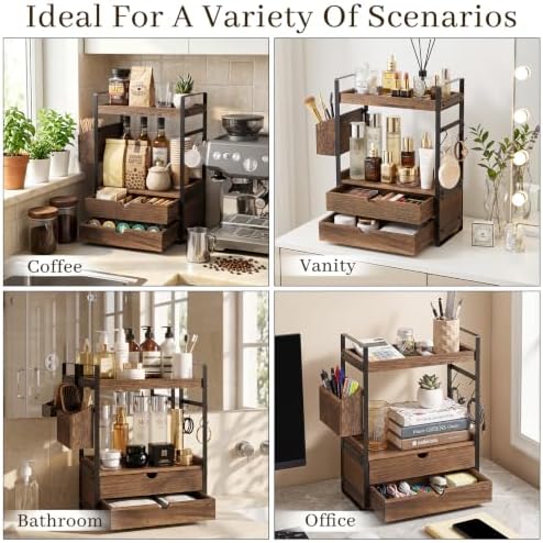 2-Tier Bathroom Counter Organizer with 2 Drawers, Basket and Hooks, Wood Bathroom Organizers and Storage for Countertop, Farmhouse Bathroom Countertop Organizer for Vanity, Kitchen, Coffee Bar, Office - Image 5