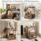 2-Tier Bathroom Counter Organizer with 2 Drawers, Basket and Hooks, Wood Bathroom Organizers and Storage for Countertop, Farmhouse Bathroom Countertop Organizer for Vanity, Kitchen, Coffee Bar, Office - Image 5