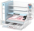 Desk Organizer with 5 Tier File Holder and Sliding Drawer Pen Holder White by SUPEASY
