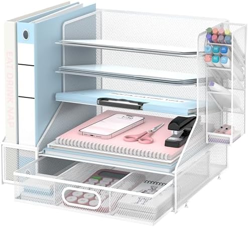 Desk Organizer with 5 Tier File Holder and Sliding Drawer Pen Holder White by SUPEASY