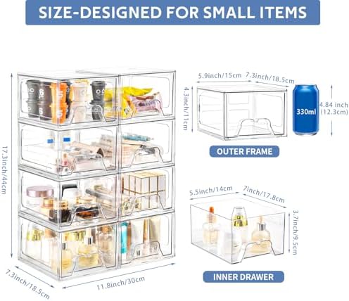 8Pack Acrylic Storage Drawers, Clear Stackable Storage Drawers, Acrylic Storage Bins with Drawers for Fridge Organizers, PlasticDrawers Stackable for Makeup Organizers Cosmetic Display - Image 3
