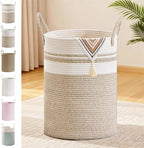 72L Large Tall Cotton Rope Laundry Basket with Handles, White & Brown by SunNewt