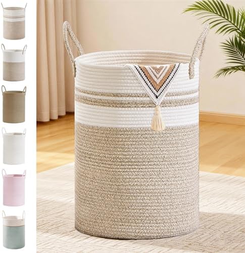 72L Large Tall Cotton Rope Laundry Basket with Handles, White & Brown by SunNewt