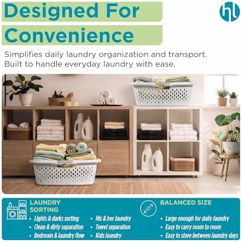 Home Logic 1.5 Bushel Plastic Laundry Basket Front Load, Large Laundry Hamper with Handles, Ventilated Clothes Organizer for Bedroom Bathroom Closet, 4 Pack, White - Image 4