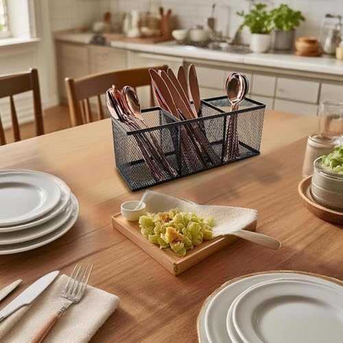 2-Pack Metal Mesh Pencil Holder, Spacious 3-Compartment Desk Organizer for Pens, Makeup Brushes, Utensils, Desktop Storage for Home, Office, School, Kitchen, 10.43x3.35x4.04 Inch, Black - Image 6