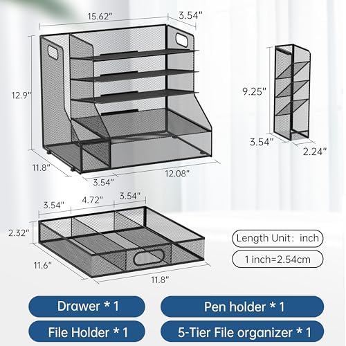 Desk Organizer with 5 Tier File Holder and Sliding Drawer Pen Holder Black - Image 6