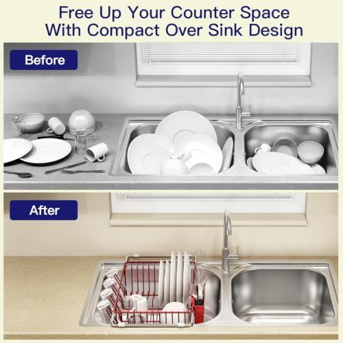 MAJALiS Red Expandable Dish Drying Rack Over Sink with Extra Drainboard - Image 2