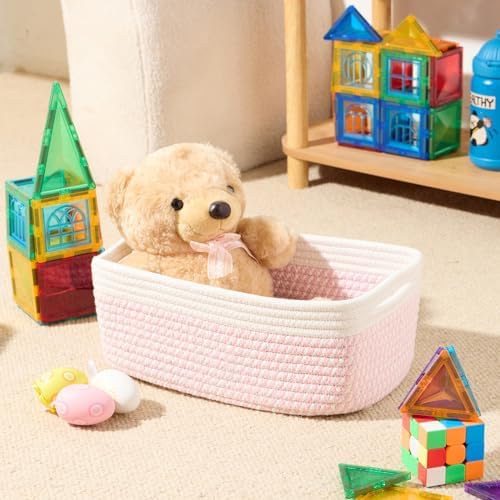 MiniArk Small Storage Baskets for Organizing | Closet Organizer Bins | Shelf Toy Basket | Woven Rope Baskets | Cube Decorative Box | Shallow Basket | 13x8.5x5.1” | 3 Packs White Pink - Image 4