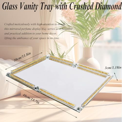 Gold Crushed Diamond Mirror Vanity Tray, 15.7" Large Perfume Dresser Tray - Image 2
