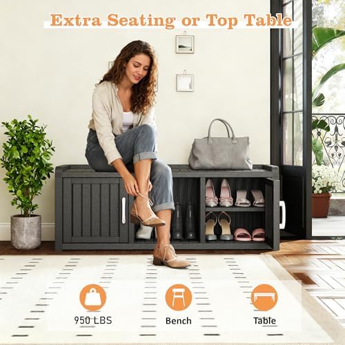 2-Tier Storage Bench, Waterproof UV-Resistant Outdoor Shoe Storage Cabinet with 2 Doors & Adjustable Shelves for Indoor Outdoor Entryway, Hallway, Living Room(Classic Black) - Image 3