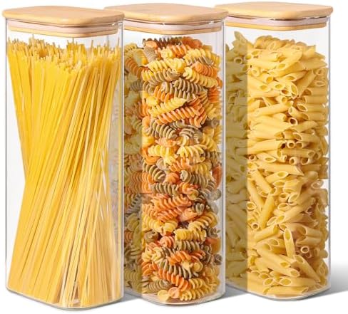 ComSaf Pasta Containers Storage 2.2 Qt, Set of 3 Tall Glass Spaghetti Jar by ComSaf