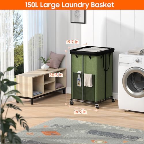 Laundry Hamper with Wheels, 150L Rolling Laundry Basket with Bag & Handles - Image 2
