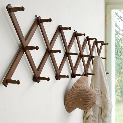 Dseap Accordian Wall Hanger: 16” High Wooden Wall Expandable Coat Rack, Hat Rack Holder, Accordion Hook for Baseball Caps, Coats, Mugs, 20 Peg Hooks, Brown - Image 2