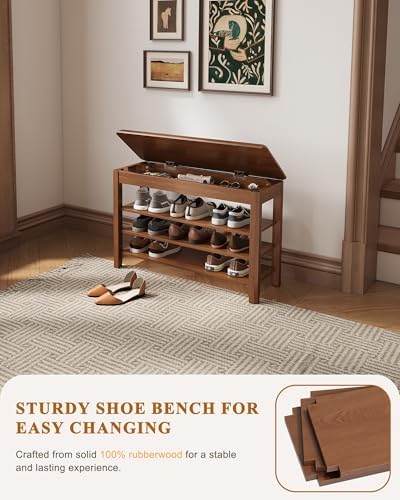 IUNVR Shoe Rack Bench Seat Rubberwood 3-Tier Wooden Storage Bench 550lbs Compact Mid-Century Modern Design for Entryway, Hallway, Closet, Front Door Entrance, Foyer - Image 5