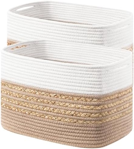 UBBCARE 2 Pack Baskets for Organizing, Woven Storage Baskets for Toys and Towel, Rectangle Cotton Rope Basket with Handles, 14''L x 8''W x9''H, Brown by UBBCARE