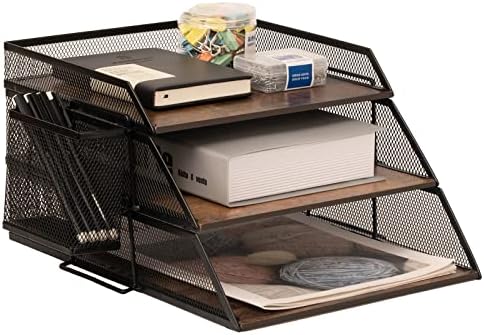 Vintage Wood & Metal Letter Tray， Stackable Desk Organizers Paper Tray， for File Magazines Mail Organizer, Vintage Wood Desk File Organizer with Pen Holder(3 Layer) by mesh+desktop+storage