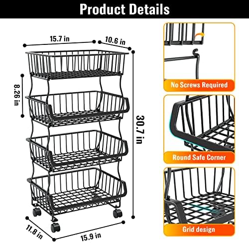 Gsiekare Fruit Vegetable Basket for Kitchen, 4 Tier Stackable Metal Wire Storage Basket Organizer Baskets with Rolling Wheels, Utility Rack for Kitchen, Pantry, Bathroom - Image 5