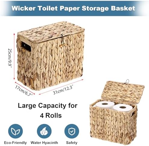 Sumnacon Toilet Paper Basket, Wicker Water Hyacinth Toilet Paper Holder with Handles and Lid, Holds Up to 4 Mega Rolls, Decorative Farmhouse Woven Bathroom Accessories Toilet Tissues Organizer, Small - Image 3