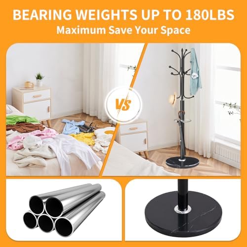 ZOZOE Metal Coat Rack Stand, Modern Coat Rack Freestanding with Natural Marble Base, Sturdy Coat Racks with 12 Hooks & Umbrella Holder,Black Coat Tree Hanger Stand for Bags,Hats,Entryway,Office - Image 3