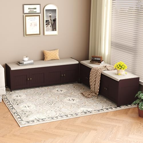 HOMEFORT 54.4" Shoe Bench with Lift Top Storage, Entryway Bench with Cushioned Seat, Wooden End of Bed Bench, Shoe Cabinet Bench with Hidden Storage Space, for Bedroom, Hallway,Espresso - Image 2