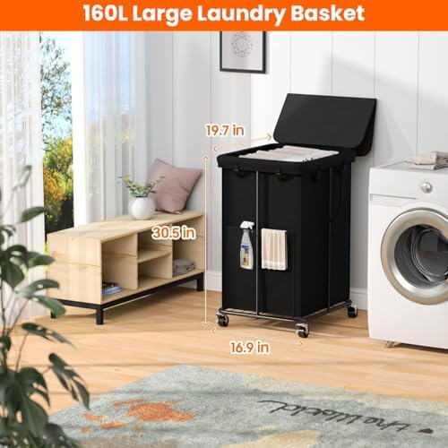 160L Laundry Hamper with Lid & Wheels, Rolling Laundry Basket with Bag - Image 2