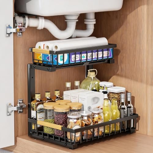 GarveeLife Under Sink Organizer, L-Shape Pull-Out 2-Tier Carbon Steel Storage Organizer with Suction Cups - Space-Saving Cabinet Rack for Kitchen & Bathroom - Easy Access Sliding Design -Black by GarveeLife