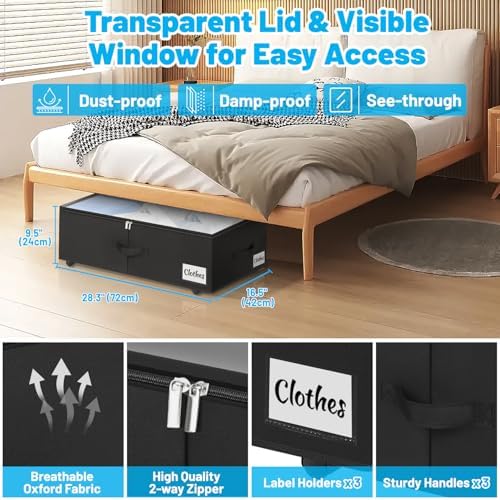 Under Bed Storage with Wheels, 4-Pack 10" Height XXL 75L Rolling Storage Bins, Quick Assembly Underbed Shoe Storage Containers with Clear Lid & Label, Dorm Under Bed Drawers for Clothes, Shoes, Black - Image 3