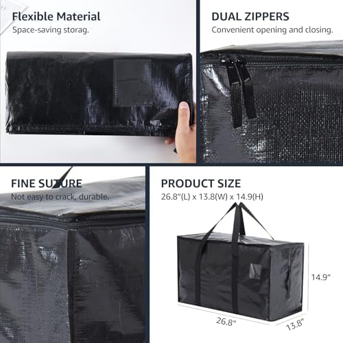 Moving Bags Heavy Duty Extra Large, Moving Boxes, Moving Supplies Essentials, Blue Storage Bins with Lids, Plastic Packing Totes, Storage Bags for Clothes with Handles & Zippers(Black, 8 Pack) - Image 7