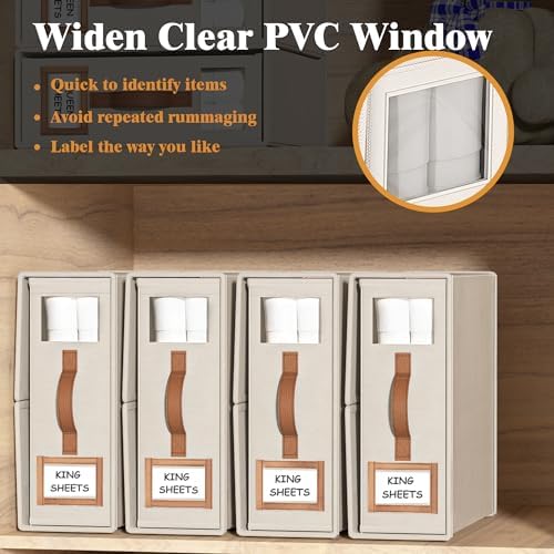 3 Pack Foldable Bed Sheets Set Organizers and Storage(King & Queen Size),Linen Fabric Closet Organizers with Window,Folding Bedding Storage Box for Bedsheets and Pillow Cube Organizer-Beige - Image 3