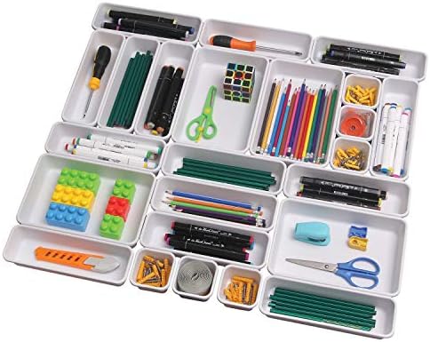 Set of 24 Interlocking Desk Drawer Organizer Tray Dividers Plastic Shallow Narrow Drawers Organizers Separators Storage Bins Container for Kitchen Bathroom Makeup Office Vanity Bedroom Dresser White by TENABORT