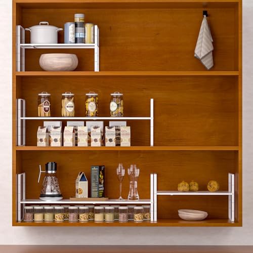 iPEGTOP Expandable Cabinet Storage Shelf Organizer Rack, Heavy Duty Steel Metal Spice Rack Adjustable Height Pantry Garage Shelf Space Riser for Counter Kitchen Organization, White, 1 Pack - Image 5