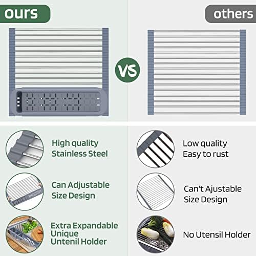 BBXTYLY Expandable Roll Up Dish Drying Rack,Over The Sink Drying Rack Sink Kitchen Accessories Rolling up Stainless Steel Drainer, Foldable with Removable Utensil Holder(Gray) - Image 3