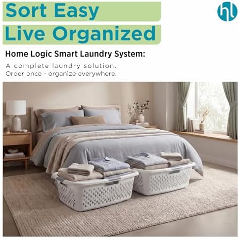 Home Logic 1.5 Bushel Plastic Laundry Basket Front Load, Large Laundry Hamper with Handles, Ventilated Clothes Organizer for Bedroom Bathroom Closet, 4 Pack, White - Image 7