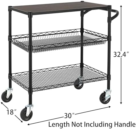 Finnhomy 3 Tier Heavy Duty Commercial Grade Utility Cart with Wood Top, Wire Rolling Cart with Wheels and Handle Bar, Kitchen Carts on Wheels, Metal Cart with 600 LBS Capacity, Black - Image 4