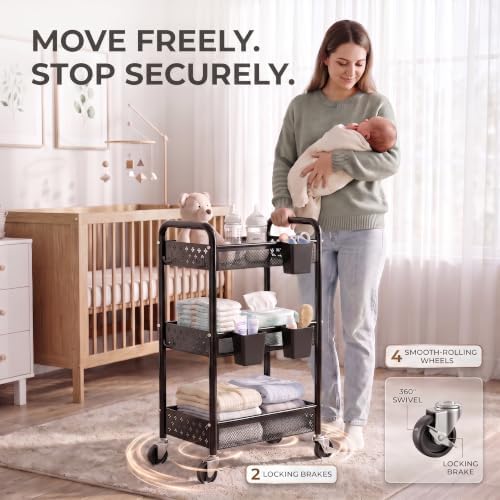 3 Tier Heavy Duty Metal Rolling Utility Cart Organizer with Wheels, Black - Image 6