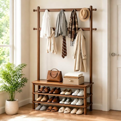 Solid Wood Hall Tree with Bench, Shoe Rack & 11 Hooks 35.0'' - Image 2