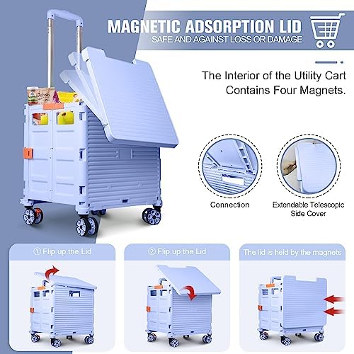 Foldable Utility Cart Folding Portable Rolling Crate with Magnetic Extended Lid,360°Rotate Wheels,176LBS Load Capacity,Heavy Duty Durable Dolly Cart for Teacher Tourist Shopping Office Outdoor - Image 2