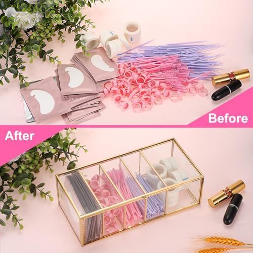 ELLDOO Lash Extension Organizer Box with Lid, Gold Glass Eyelash Supplies Organizer Storage Box, 5 Compartments Bathroom Supplies Storage Container for Cotton Swabs, Balls, Pads, Floss Picks - Image 4