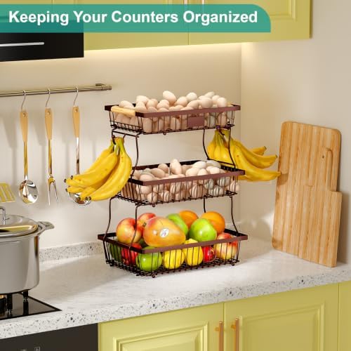 3 Tier Fruit Basket for Kitchen Counter with 2 Banana Hangers, Countertop Metal Fruit Bowl with Wooden Handle, Large Storage Stand for Vegetables, Snacks, Breads, Produce Storage – Brown - Image 3