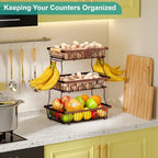 3 Tier Fruit Basket for Kitchen Counter with 2 Banana Hangers, Countertop Metal Fruit Bowl with Wooden Handle, Large Storage Stand for Vegetables, Snacks, Breads, Produce Storage – Brown - Image 3