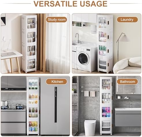 VECELO 4-Tier Narrow Storage Cabinet with Wheels, White - Image 6