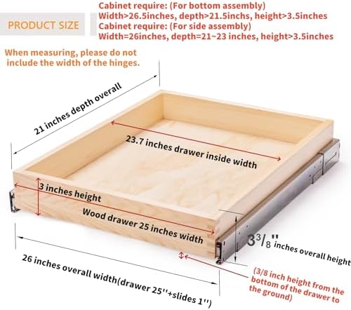 Mulush 26''W x 21''D x 3''H Pull Out Cabinet Drawer Soft Close Slide Out Wood Organizer for Kitchen, Finished, Bottom and Side Assembly (Wood Drawer Part Width is 25inch) - Image 3