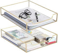 BTSKY 2 Pack Golden Glass Desk Tray, Multi-Purpose Organizer for A4 Paper, Documents, Desk Supplies, Makeup, Clear File Tray with Metal Frame, Stackable Decorative Storage for Home Office Vanity by BTSKY