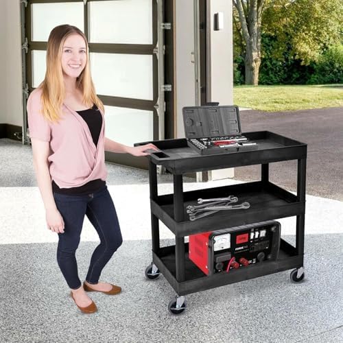 Luxor EC111-B 3-Shelf Heavy Duty Rolling Plastic Utility Cart, Black - Image 2