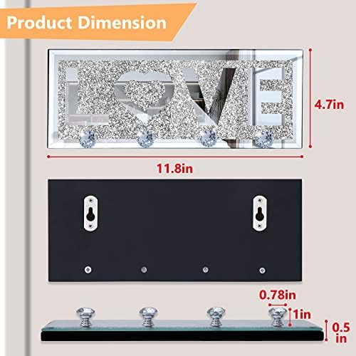 SHYFOY Mirrored Key Holder for Wall Decorative Love Letter Sign Plaque Key Hanger for Decor, Glitter Key Rack Wall Hanger with 4 Crystal Hooks for Entryway Front Door Key Hanging - Image 2