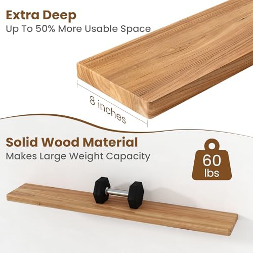 Floating Shelves for Wall, 48"Wx8"D Rustic Solid Elm Wood Floating Shelves Wall Mounted, Round Edge Wall Shelves with Invisible Bracket for Living Room Bathroom Bedroom Kitchen, Set of 1, Natural - Image 5
