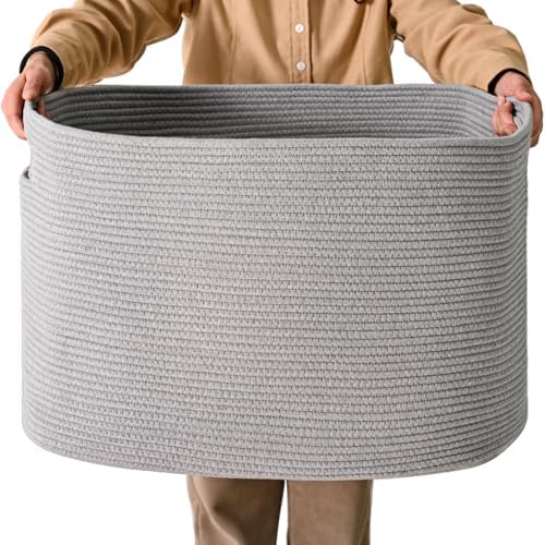 ICERZCZ Large Grey Storage Basket, Blanket Baskets for Living Room, Large Toy Basket for Storage, Woven Cotton Rope Baskets for Blankets, Clothes, Shoes, Books, Grey, 25”x16”x16” (105L) by ICERZCZ