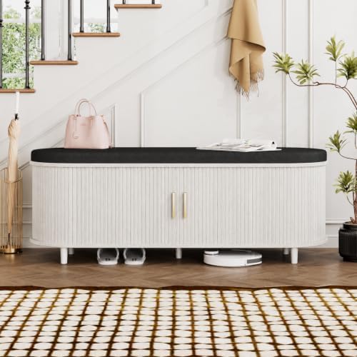 DHH 2-Tier Storage Bench,Wide Shoe Bench with Thickened Padded Seat Cushion, Mid Century Modern Fluted Sliding Door and Adjustable Shelf, for Entryway, Living Room, Bedroom (Grayish White, 51.2”) - Image 4