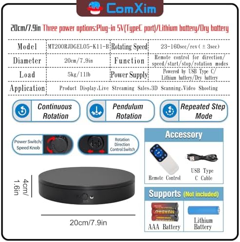 Motorized Rotating Display Stand with Remote, 7.87in 360 Electric Turntable for Display,Photography,3D Scanner Models, Motorized Lazy Susan and Photography Turntable Control Angle/Speed,Step/Swing/Continuous Rotation - Image 2