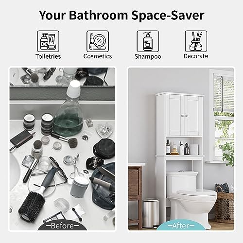 Shintenchi Over the Toilet Storage Cabinet, Bathroom Shelf Organizer with Anti-Tip Device Small Freestanding Space Saver with Adjustable Shelf，White - Image 6